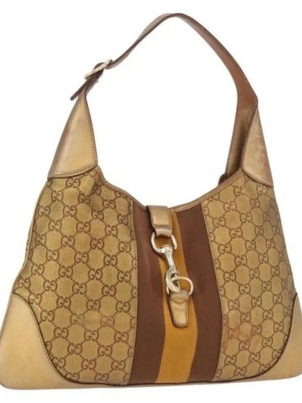 GUCCI GG Canvas Guccissima Sherry Line Bag Leather Gold 153029 Auth BAZ429